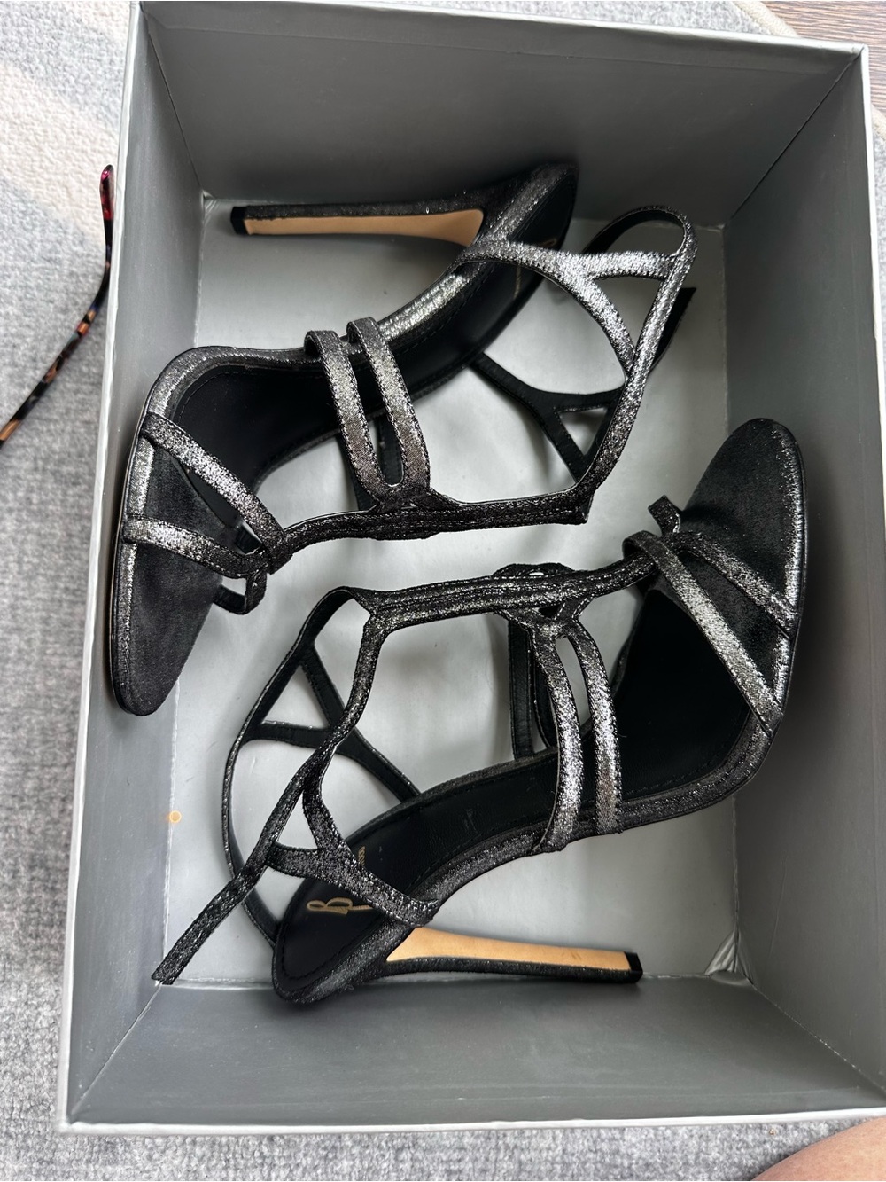 Brian Atwood Black Glitter Strappy High Heel Sandals
